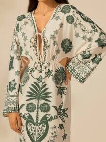 CAJUNI Women's Bohemian Vintage Tropical Green Plant Print Hollow-Out Waist & Back Long Sleeve Dress, Casual & Holiday Style