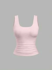 Sweetra Áo ba lỗ xếp ly cổ vuông ngắn mùa hè cỡ lớn cho nữ - Nhiều màu - Xem 3