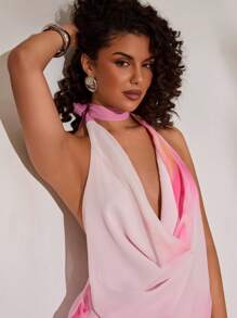 Opulessa Woven Print Ruffled Collar Backless Mini Dress For Women - Pink - View 5