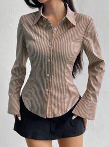 Flirla Women's Long Sleeve Single-Breasted Casual/Work Striped Blouse