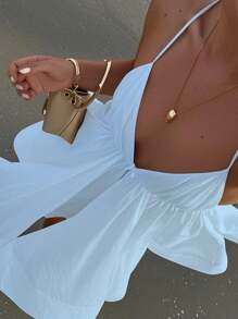 INAWLY Summer Sexy Solid Color Backless Spaghetti Strap Dress - Blue - View 3