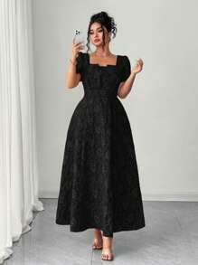 Elenzga 大码女式时尚优雅通勤复古花卉提花红色方领高腰长裙，适合夏季、返校、毕业典礼、节日、情人节、音乐节、母亲节、圣诞节、万圣节、感恩节、复活节、国庆节、联欢晚会、约会派对、户外旅行 - 黑色 - 查看 4