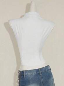 SHEIN ICON Women's White Twist Front V-Neck Fitted Cropped Shirt - White - View 2