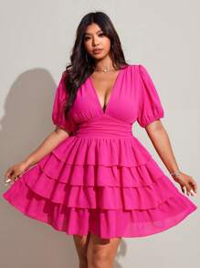 Viva Relle 大码女式优雅纯色 V 领荷叶边袖荷叶边下摆休闲短裙，适合海滩度假、约会、派对、音乐节，百搭春夏设计 - 玫紅色 - 查看 3