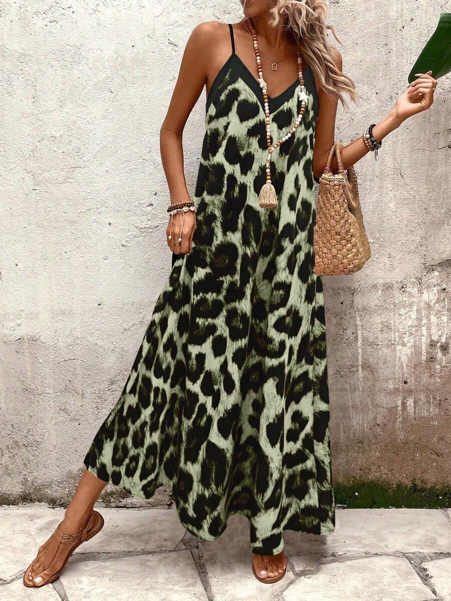 SHEIN Tall Vestido sin mangas de línea A estampado de leopardo para mujer, de uso casual y para viajes - Verde militar - Ver 1