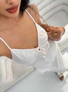 SHEIN EZwear Women's Clothing Holiday Casual White Bohemian Style Beach Seaside Lace-Up Slim Adjustable Shoulder Strap Long Dress - White - View 3