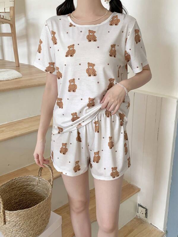 SHEIN 2pcs/Set Teen Girl Minimalist Graphic Print Short Sleeve Shorts Loungewear Set, Comfortable Casual Homewear For Valentine's Day