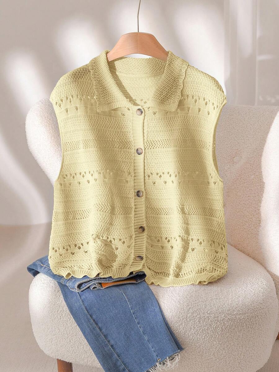CosyJoli Blusa de punto de unicolor con diseño calado para talla grande de verano - Amarillo - Ver 1