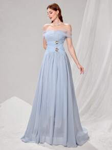 Poshira Women's Solid Color Mesh Off Shoulder Ruched Metallic Flower Decor Elegant Formal Evening Gown - Blue - View 5