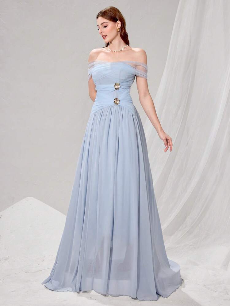 Poshira Váy dạ hội trang trọng thanh lịch trễ vai lưới trơn màu cho nữ, họa tiết hoa kim loại xếp nếp - Màu xanh lam - Xem 5