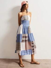 Bohemela Váy Maxi Ống Xếp Ly Kẻ Sọc Dệt Cho Nữ - Màu xanh lam - Xem 4