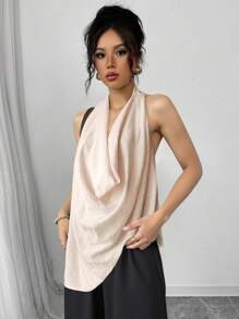 SHEIN Unity Women's Draped Neck Halter Tank Tops,Peach Pink Summer Elegant Brunch Boho Backless Asymmetrical Western Wear Concert Vacation Beach Party - Apricot - View 6