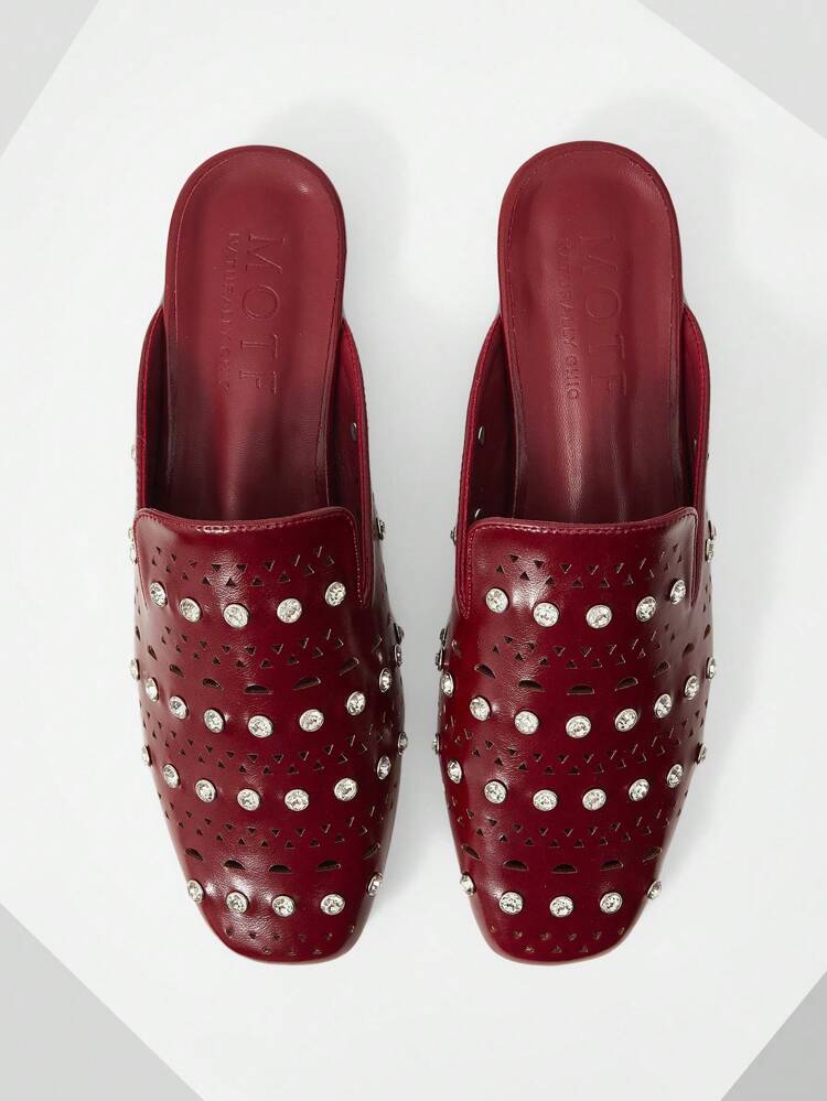PU LEATHER HOLLOWED OUT RHINESTONE DECOR FLATS