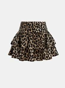 SHEIN Girlism 青少年女孩休闲街头复古豹纹褶饰双层荷叶边下摆可爱迷你休闲裙，返校节，嬉皮士服装，公主服装，舞会裙，Y2K - 咖啡棕 - 查看 2