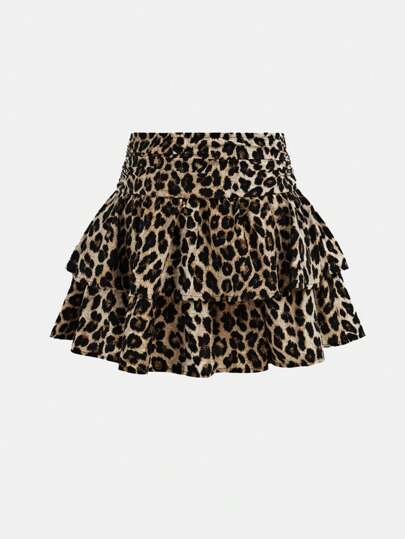 SHEIN Girlism Tween Girl Casual Street Vintage Leopard Print Ruched Double Layered Ruffled Hem Cute Mini Casual Skirt, Homecoming, Hippie Clothes, Princess , Ball Skirt, Y2K