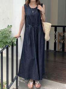 DAZY Women's Round Neck Casual Sleeveless Washed Denim Jumpsuit - Blue - View 6