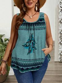 EMERY ROSE 大码羽毛印花褶皱宽松吊带背心，适合春夏季 - 彩色 - 查看 3