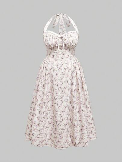 Kawaii Plus Size Women Ditsy Floral Lacing Front Tie Neck Vacation Midi Dress