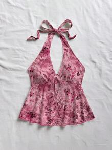 Soleia Áo Babydoll hở lưng cổ chữ V họa tiết hoa màu hồng cho kỳ nghỉ thường ngày của phụ nữ, thích hợp cho kỳ nghỉ hè - Hồng - Xem 4