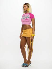 SUMWON WOMEN Summer Festival Essential Baby Crop Top Short Sleeve Raglan Color Block Graphic Fitted Cotton Cropped Tee Casual Shirt - Pink - View 4