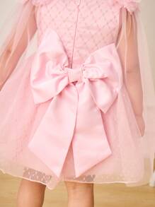 SHEIN Glamorique Kids Baby Girl Spring/Summer Style Layered Tulle Backless Dress With Ribbon Bow Decor Formal Dresses For Baby Girls Partywear