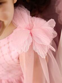 SHEIN Glamorique Kids Baby Girl Spring/Summer Style Layered Tulle Backless Dress With Ribbon Bow Decor Formal Dresses For Baby Girls Partywear