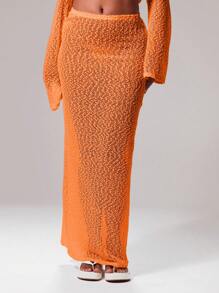 Musera Resort 抽绳纹理针织低腰直筒超长裙罩衫仅限伊比沙岛性感度假春夏沙滩装浪漫优雅生日 - 橘色 - 查看 2