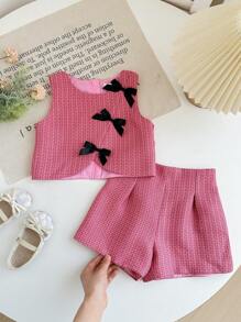 Young Girl Sleeveless Solid Color Top And Shorts 2 Pieces Set - Pink - View 7
