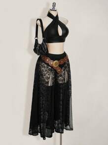 SHEIN ICON 大码高腰波点蕾丝和网眼拼布加长裤 - 黑色 - 查看 7