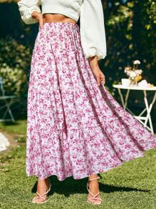 SHEIN VCAY Falda casual con volantes de múltiples capas y estampado floral diminuto, perfecta para las vacaciones