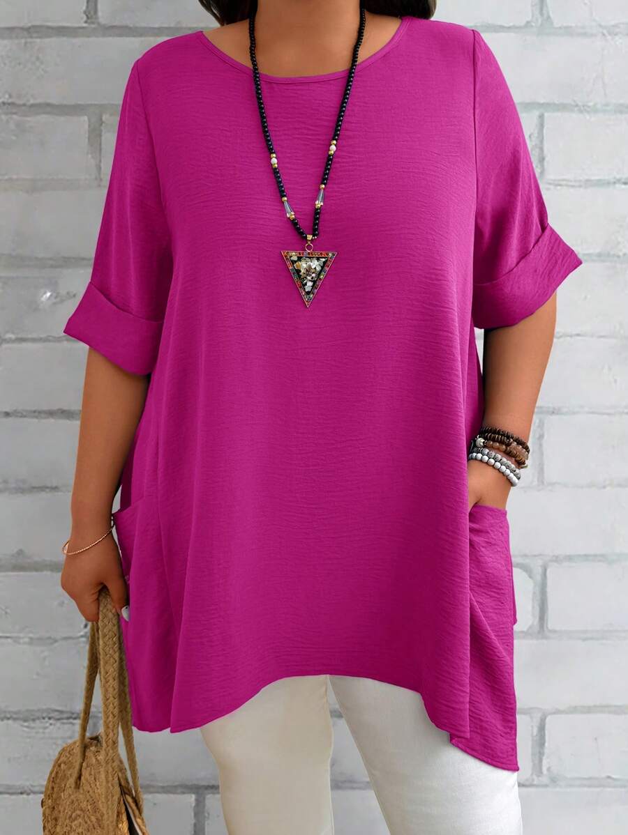 EMERY ROSE Plus Size Women's Summer Blue Round Neck Short Sleeve Double Pocket Loose Casual Mom Shirts Summer Clothes Women Summer Shirts Women Plus Clothing Formal