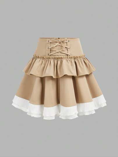 SHEIN Girlism Tween Girls Casual Minimalist Comfortable Waist Gathered Ruffle Hem Contrast Color Skirt