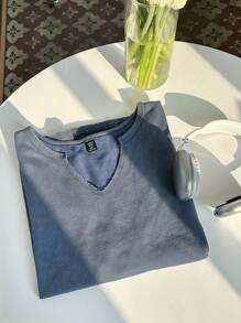 Comfortcana Plus Size Acid Wash Blue Loose V-Neck T-Shirt, Cotton Fabric, Suitable For Spring/Summer - Blue - View 7