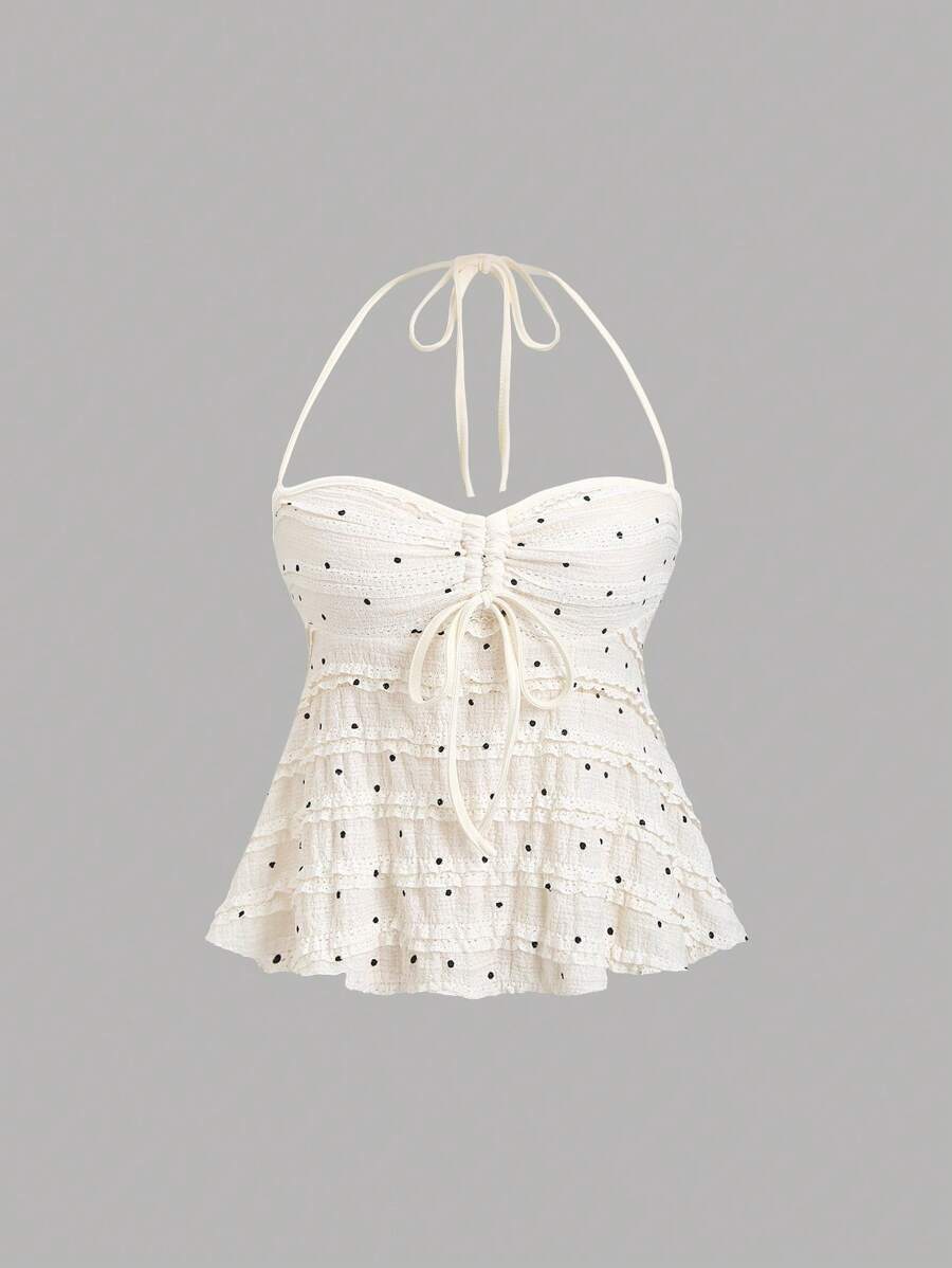 Sweetra Vintage Polka Dot Apricot Drawstring Halter Sexy Backless Summer Vacation Ladies' Tank Top