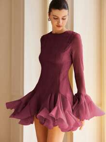 Aveloria Rosie 法国奢华高端 Diva 富家女设计师荷叶边下摆喇叭袖纹理面料荷叶边细节短款连衣裙女装秋季布料 - 酒紅色 - 查看 3