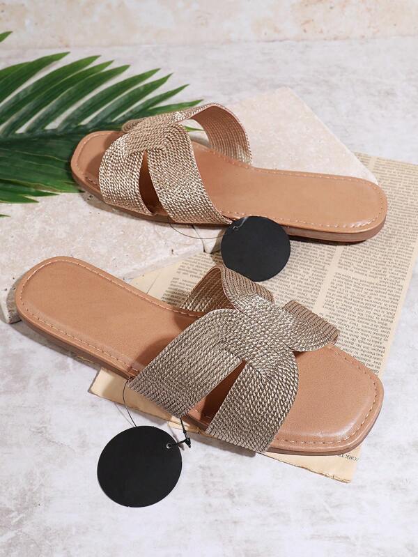 Hauture Metallic Woven Dual Cut Out Flat Slide Sandals Spring Shoes Spring Break Easter Vacation Shoes Casual Shoes Beach Shoes Mother's Day Present