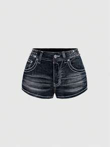 ROMWE Grunge Punk Vintage Star Rhinestone Pattern Washed Y2K Style Rivet Decor Women's Super Low-Rise Mini Denim Shorts, Versatile For Multiple Occasions - Blue - View 2