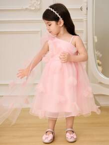 SHEIN Glamorique Kids 女童派对礼服公主裙花卉刺绣单肩网纱拖尾婚礼花童礼服，粉色 - 粉色 - 查看 3