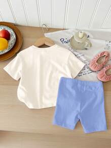 SHEIN 2 件年轻女孩休闲简约短袖上衣和短裤套装，适合夏季 - 彩色 - 查看 3