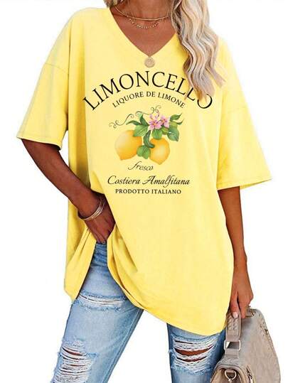 Calvaya Limoncello T-shirt, Amalfikusten Citron T-shirt Från Italien, V-ringad Plus Size T-shirt