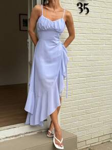 Sunnyshic 蓝色下摆开衩荷叶边系腰连衣裙 - 藍色 - 查看 3