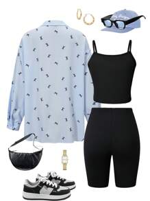 3PCS/SET Teen Girls Outfit, Loose Bowknot Blouse, Black Knitted Camisole And Black Shorts Set, Casual Daily/Holiday Wear - Multicolor - View 2