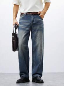 Manfinity Homme Men's Contrast Color Pocket Casual Versatile Straight Leg Jeans - Blue - View 8