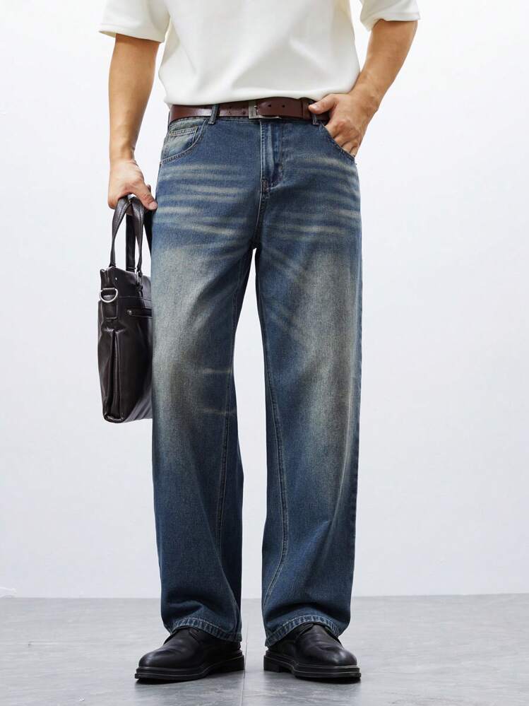 Manfinity Homme Jeans rectos casuales y versátiles con bolsillo de color contrastante para hombres - Azul - Añade 8