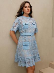 Anewsta 女士优雅蓝色花卉蕾丝边复古风格迷你连衣裙，适合夏季、节日、优雅、假日、度假、休闲、优雅、海滩