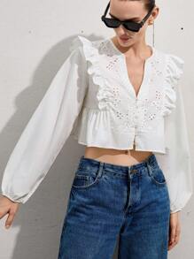 SHEIN Privé New French Fashion Vacation Youthful Minimalist Versatile Casual Round Collar V-Neck Design Embroidery Lace Panel Ruffled Loose Hem Short Long Sleeve Women Blouse Fall Cloth For Women