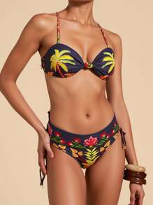 Travachic 女士可爱时尚假日印花结侧系带比基尼套装，可调节肩带花卉印花连体泳衣，合身休闲风格，夏季海滩度假，图案沙滩装女士 - 黑色 - 查看 8