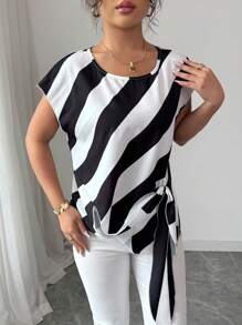 Franclia Women's Striped Commuter Elegant Short Sleeve Blouse - Black - View 6