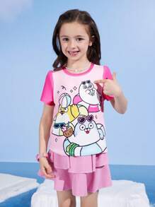 SEALOOK X SHEIN Áo thun tay ngắn in hình chú hải cẩu dễ thương cho bé gái, trang phục thường ngày cho kỳ nghỉ hè, màu hồng và xanh - Nhiều màu - Xem 3