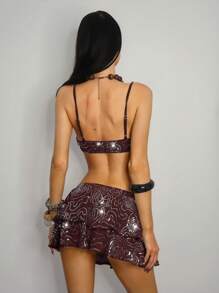 SHEIN ICON 性感新款优雅亮片不对称三角围巾、细肩带上衣和裙子套装，适合外出 - 咖啡棕 - 查看 2